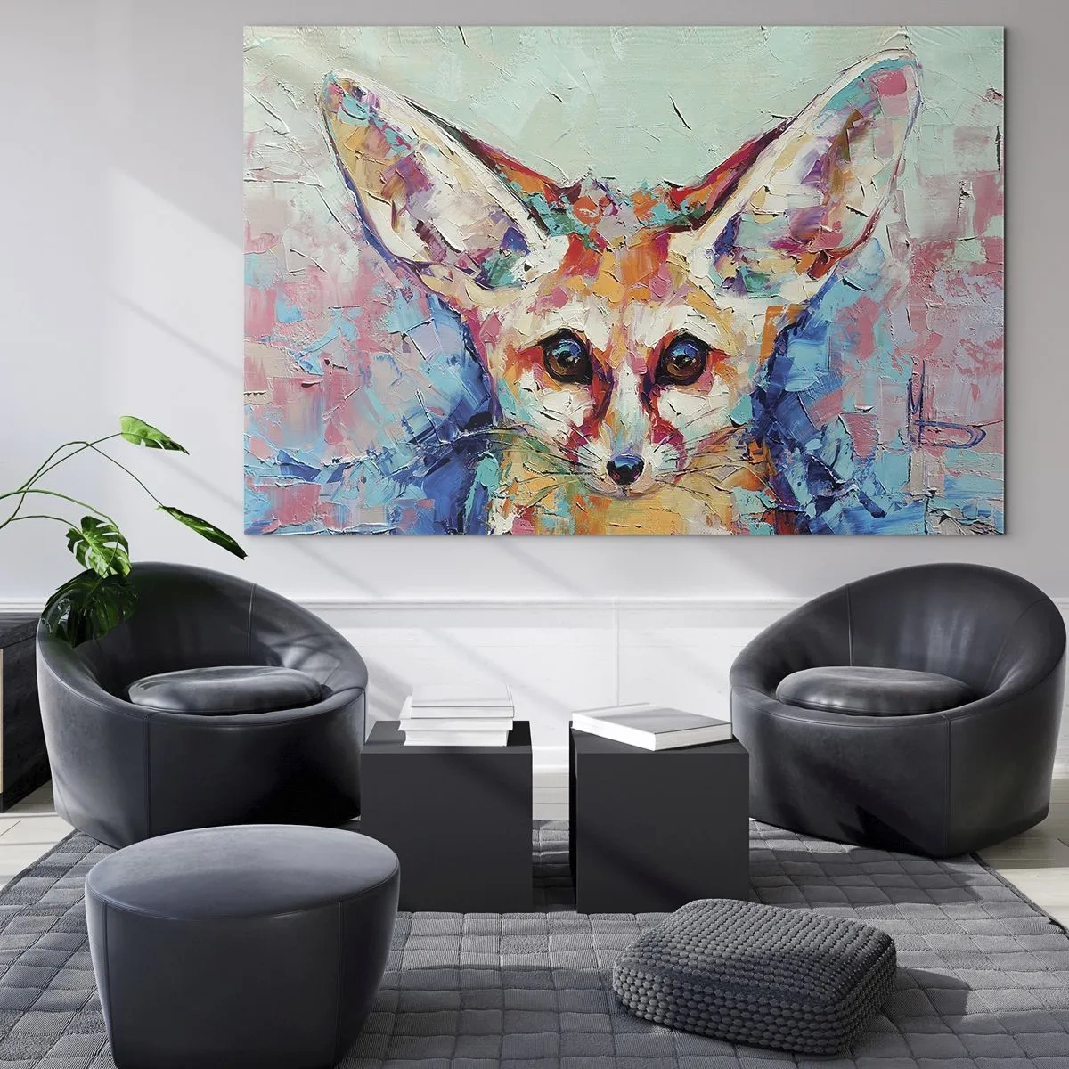 Obraz na skle - Farebný portrét líšky s výraznými očami a výraznými ťahmi štetcom - 70x50cm - Ste na mňa pripravení? - Moderná nástenná dekorácia do obývacej izby a spálne ARTTOR
