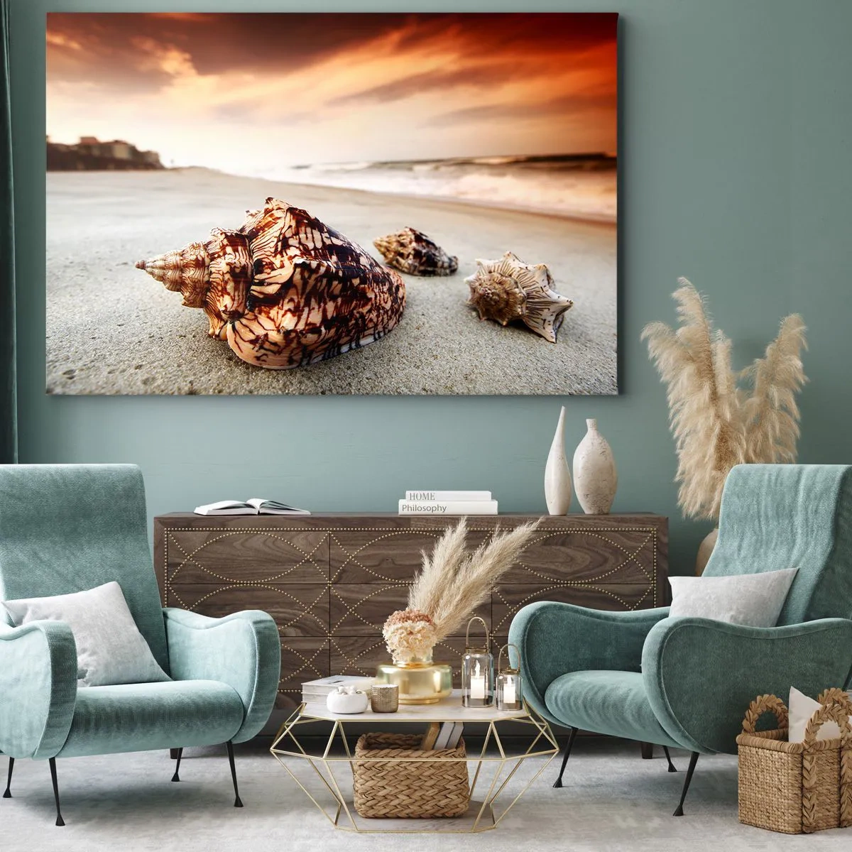 Obraz na plátne - Mušle na pláži pri západe slnka - 70x50cm - Vyhnankyne vĺn - Moderná nástenná dekorácia do obývacej izby a spálne ARTTOR