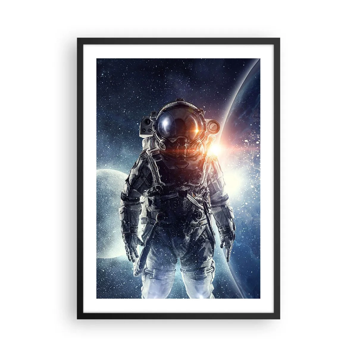 Plagát v čiernom ráme - Astronaut vo vesmíre s planétami a hviezdami v pozadí - 50x70cm - Vesmírne dobrodružstvo - Moderná nástenná dekorácia do obývacej izby a spálne ARTTOR