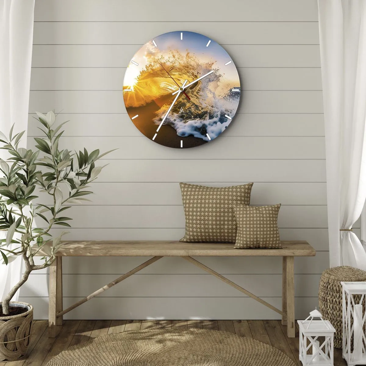 Nástenné hodiny - Morská vlna osvetlená lúčmi zapadajúceho slnka - 30x30cm - Hra v piesku - Moderná nástenná dekorácia do obývacej izby, kuchyne a spálne ARTTOR