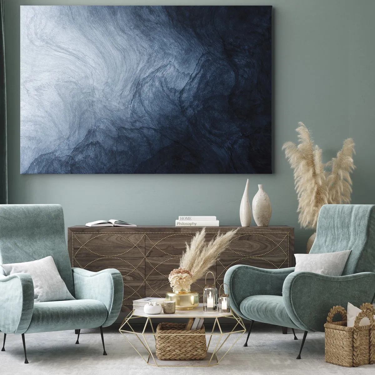 Obraz na plátne - Abstraktná kompozícia v odtieňoch modrej a tmavomodrej. - 70x50cm - Siahnuť do hlbín - Moderná nástenná dekorácia do obývacej izby a spálne ARTTOR