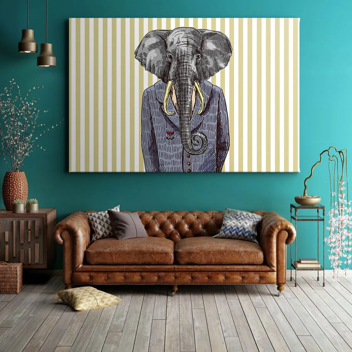 Obraz na plátne - Slon v obleku na pozadí béžových pruhov - 70x50cm - Elegantný od prírody - Moderná nástenná dekorácia do obývacej izby a spálne ARTTOR