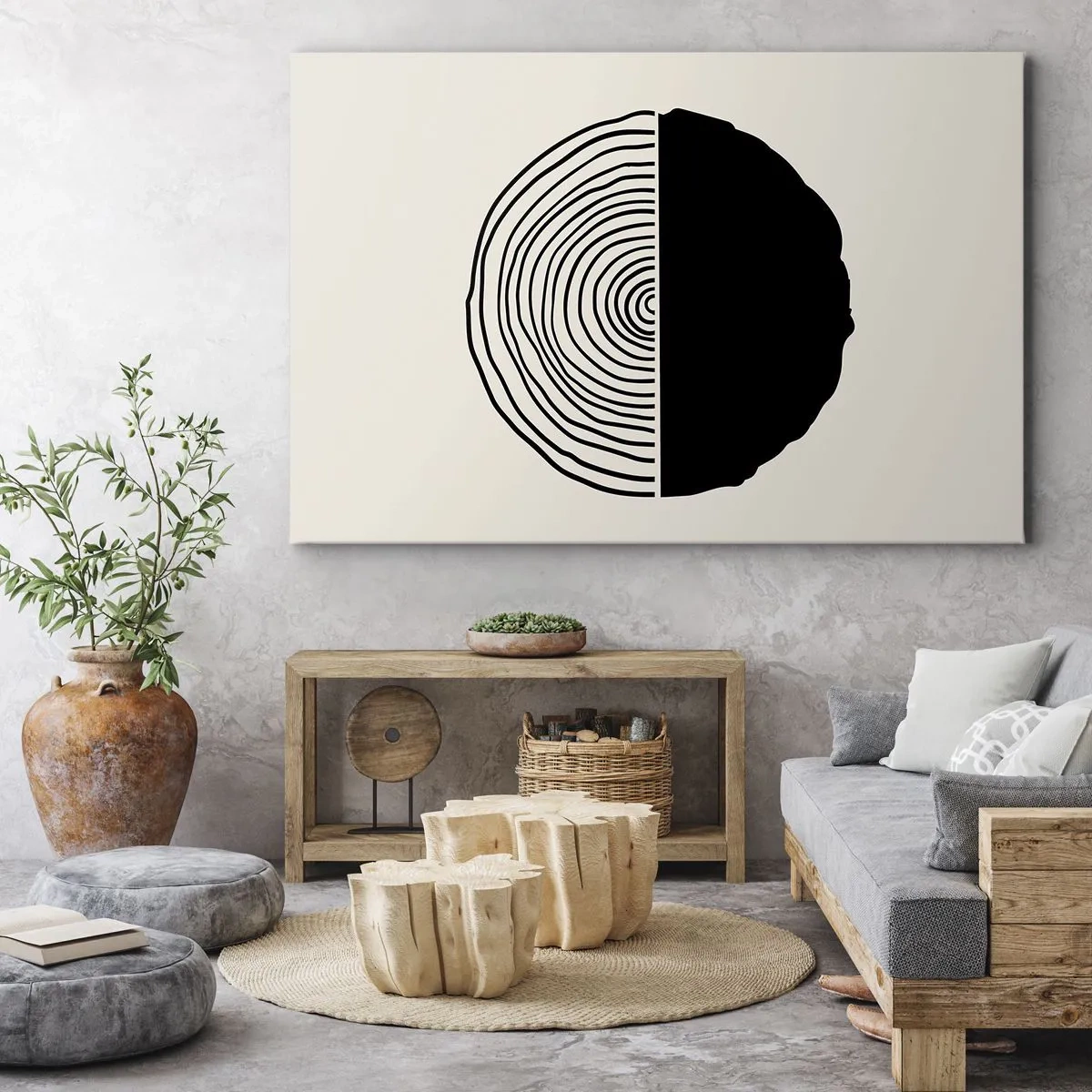 Obraz na plátne - Abstraktný čiernobiely motív inšpirovaný prierezom dreva s geometrickým členením. - 70x50cm - Pol na pol - Moderná nástenná dekorácia do obývacej izby a spálne ARTTOR