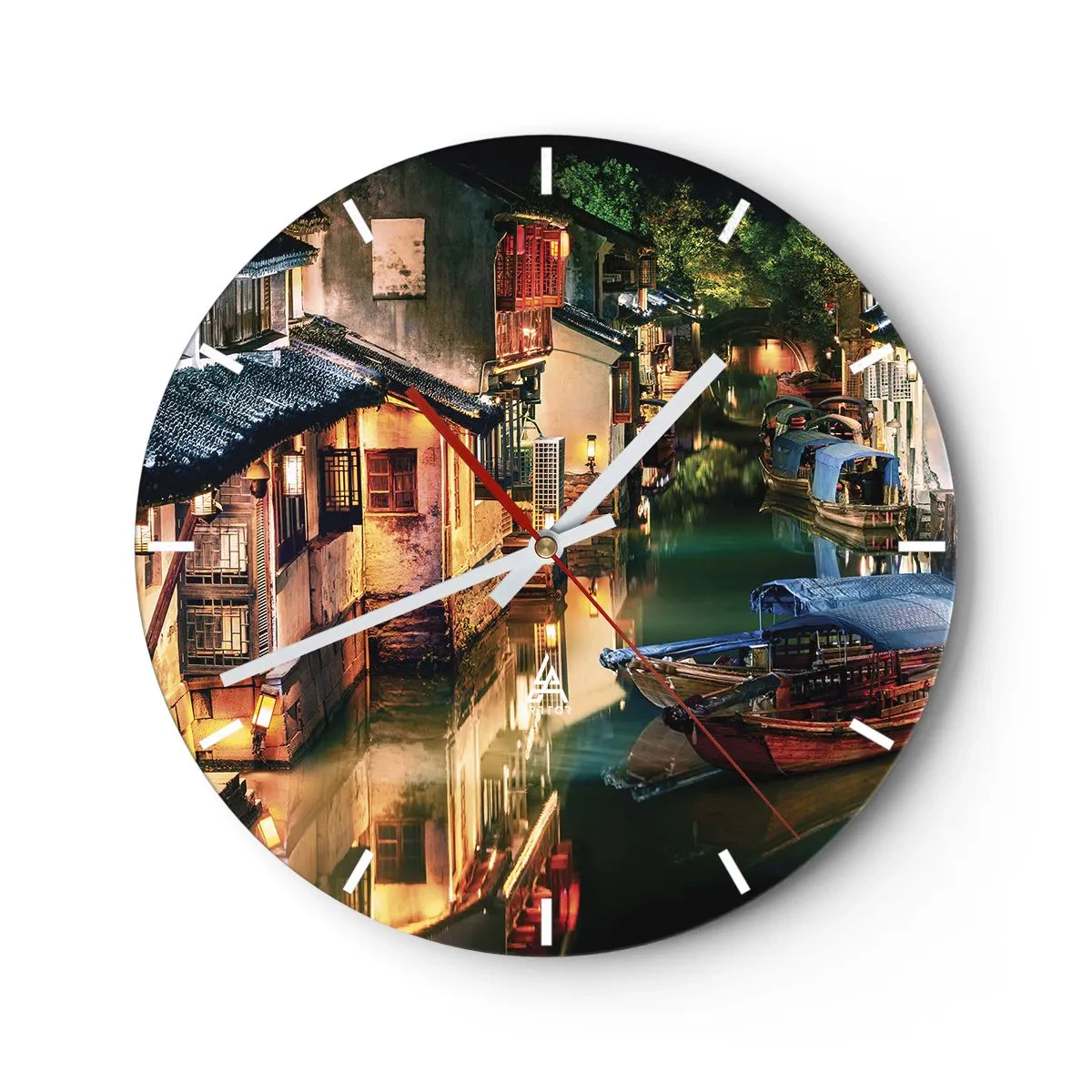 Nástenné hodiny - Atmosférický kanál s loďkami a čínskou architektúrou v noci - 30x30cm - Večer na čínskej ulici - Moderná nástenná dekorácia do obývacej izby, kuchyne a spálne ARTTOR