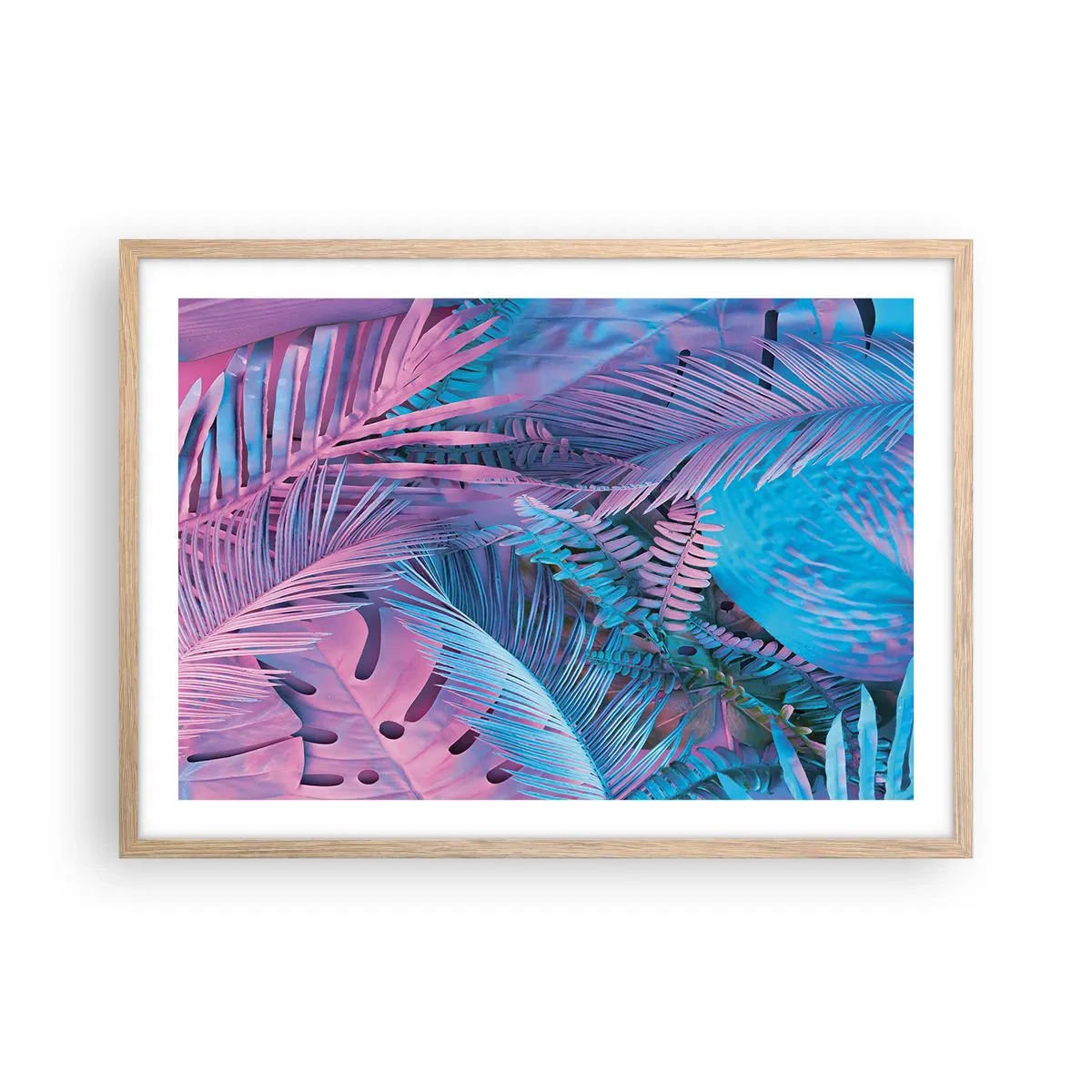 Plagát v ráme zo svetlého duba - Tropy v ružovej a modrej - 70x50 cm