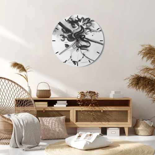 Nástenné hodiny - Čiernobiela skica elegantnej ženy s okuliarmi a klobúkom. - 30x30cm - Dáma s charakterom - Moderná nástenná dekorácia do obývacej izby, kuchyne a spálne ARTTOR