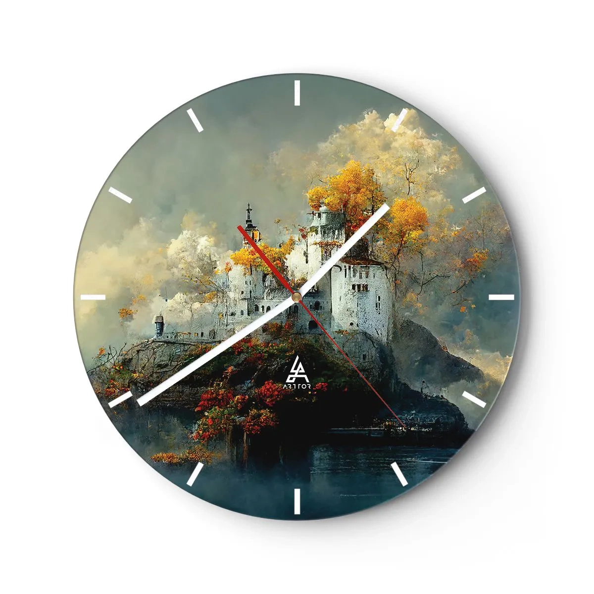 Nástenné hodiny - Rozprávkový zámok na kopci obklopený jesennými stromami - 30x30cm - Začiatok romantického príbehu - Moderná nástenná dekorácia do obývacej izby, kuchyne a spálne ARTTOR