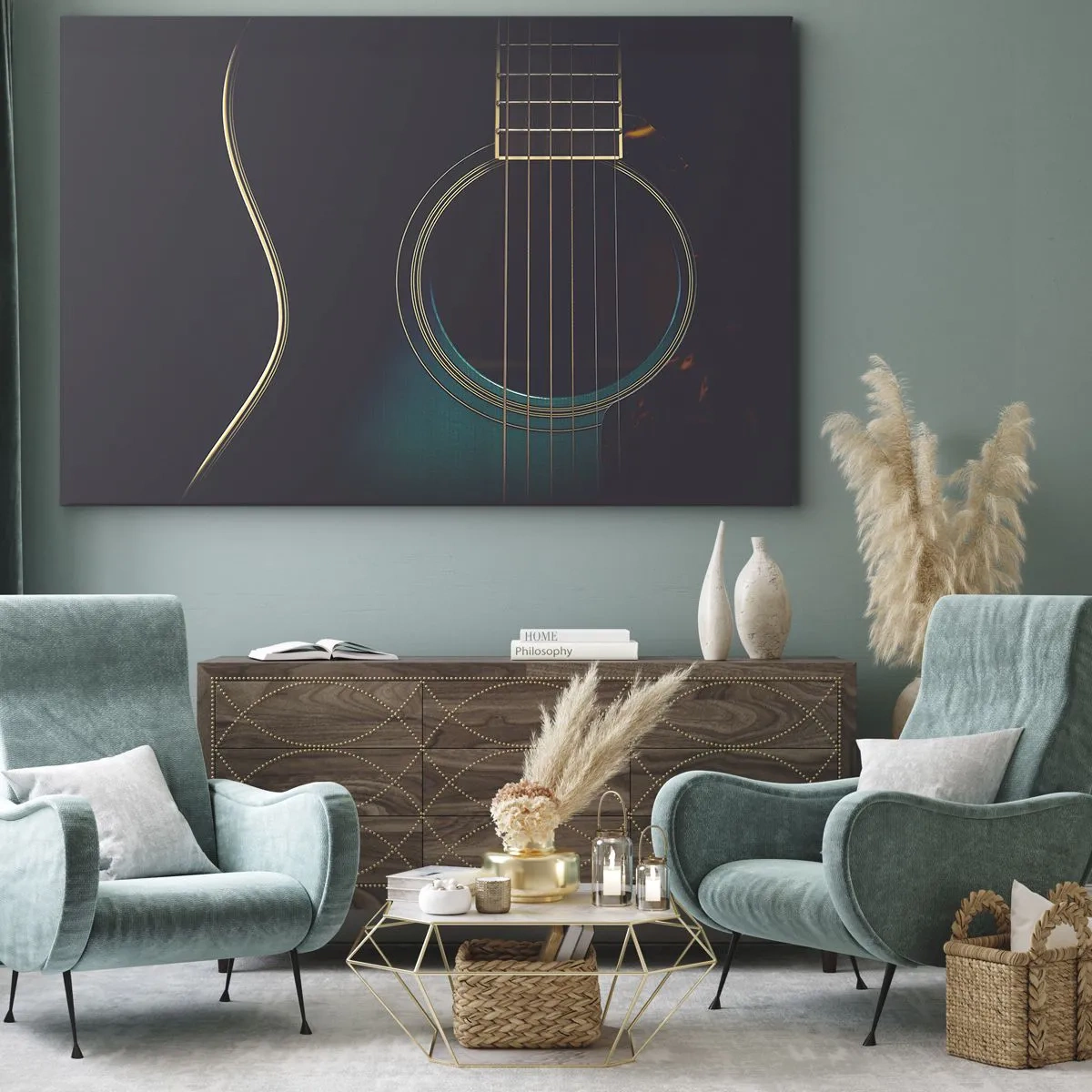 Obraz na plátne - Akustická gitara v tmavom, elegantnom svetle - 70x50cm - Okamih, než to zaznie - Moderná nástenná dekorácia do obývacej izby a spálne ARTTOR