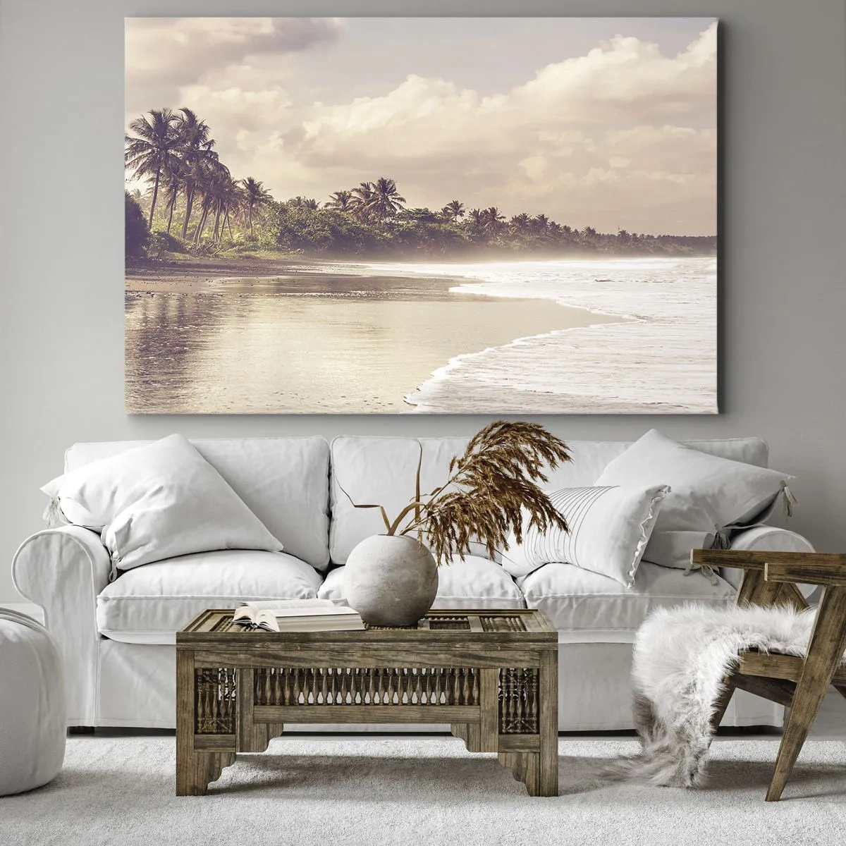 Obraz na plátne - Pláž s palmami a jemnými vlnami ráno - 70x50cm - Pohladenie vĺn - Moderná nástenná dekorácia do obývacej izby a spálne ARTTOR