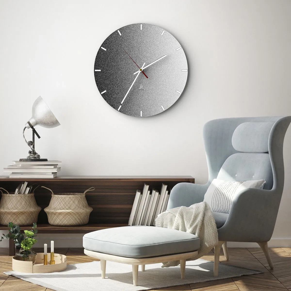 Nástenné hodiny - Čiernobiely gradient z hustých bodiek, ktoré sa prelínajú so svetlom. - 30x30cm - Smerom ku svetlu - Moderná nástenná dekorácia do obývacej izby, kuchyne a spálne ARTTOR