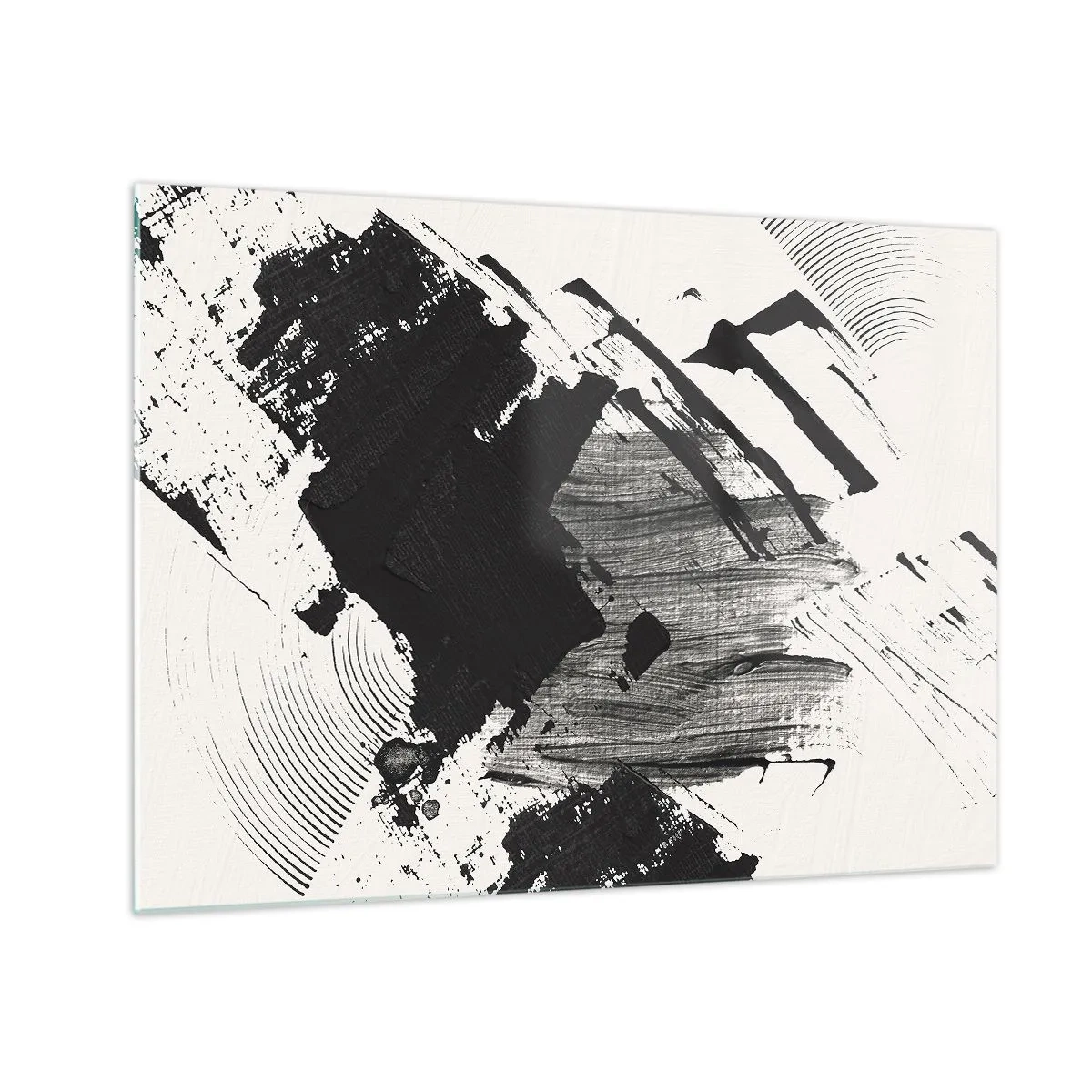 Obraz na skle - Expresívna abstrakcia v čiernobielej farbe s dynamickými ťahmi. - 70x50cm - Abstrakcia – expresia čiernej - Moderná nástenná dekorácia do obývacej izby a spálne ARTTOR