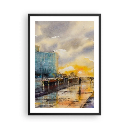 Plagát v čiernom ráme - Malebná ulica v daždi pri západe slnka - 50x70cm - Život na pobreží - Moderná nástenná dekorácia do obývacej izby a spálne ARTTOR