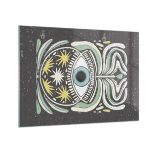 Obraz na skle - Grafické oko s kmeňovou ornamentikou na tmavom pozadí - 70x50cm - Kmeňové rituály - Moderná nástenná dekorácia do obývacej izby a spálne ARTTOR