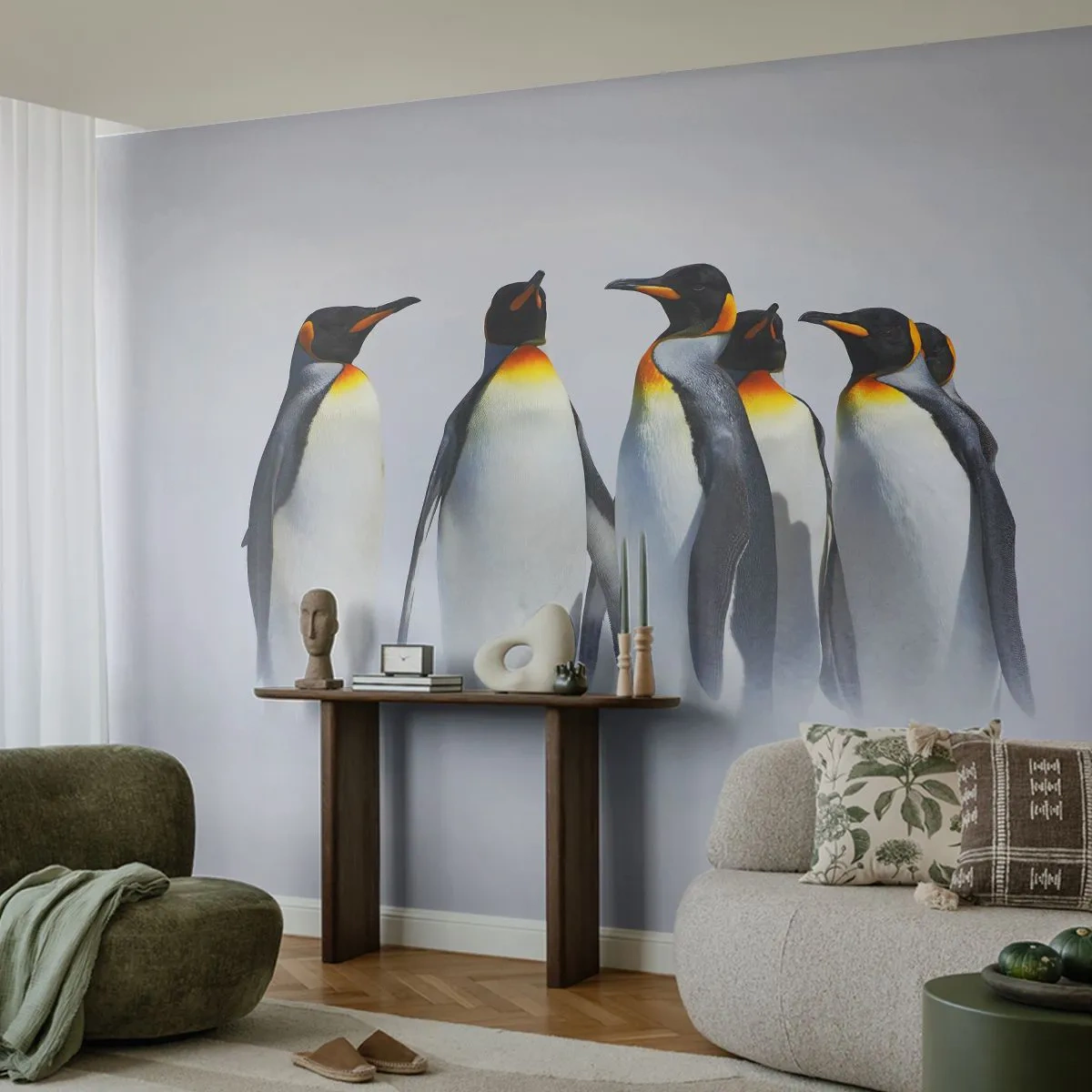 Fototapeta Premium Canvas - Stretnutie vo večerných róbach - Zvieratá, Tučniak, Príroda - 250x175 cm