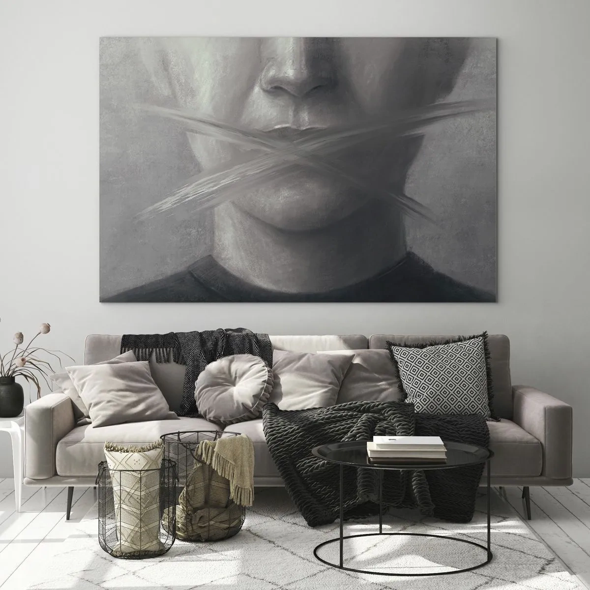 Obraz na skle - Portrét osoby s rozmazanými perami v odtieňoch sivej - 70x50cm - Ani slovo - Moderná nástenná dekorácia do obývacej izby a spálne ARTTOR