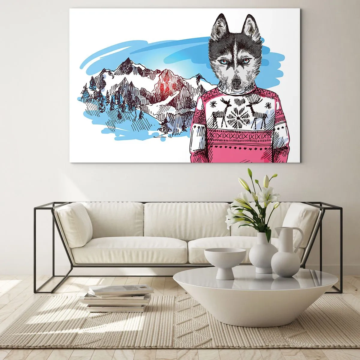Obraz na skle - Husky v svetri s horami v pozadí - 70x50cm - Vlk v ovčom rúne - Moderná nástenná dekorácia do obývacej izby a spálne ARTTOR