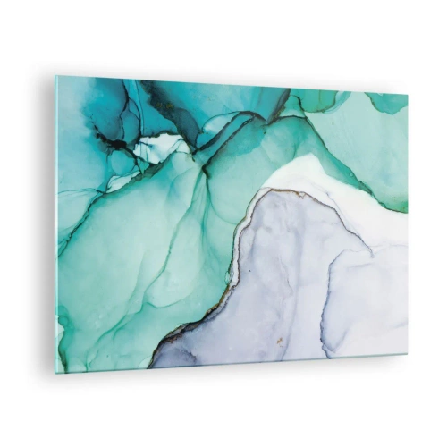 Obraz na skle - Abstraktný obraz v odtieňoch tyrkysovej a bielej s jemnými prasklinami. - 70x50cm - Štúdia v tyrkysovej - Moderná nástenná dekorácia do obývacej izby a spálne ARTTOR