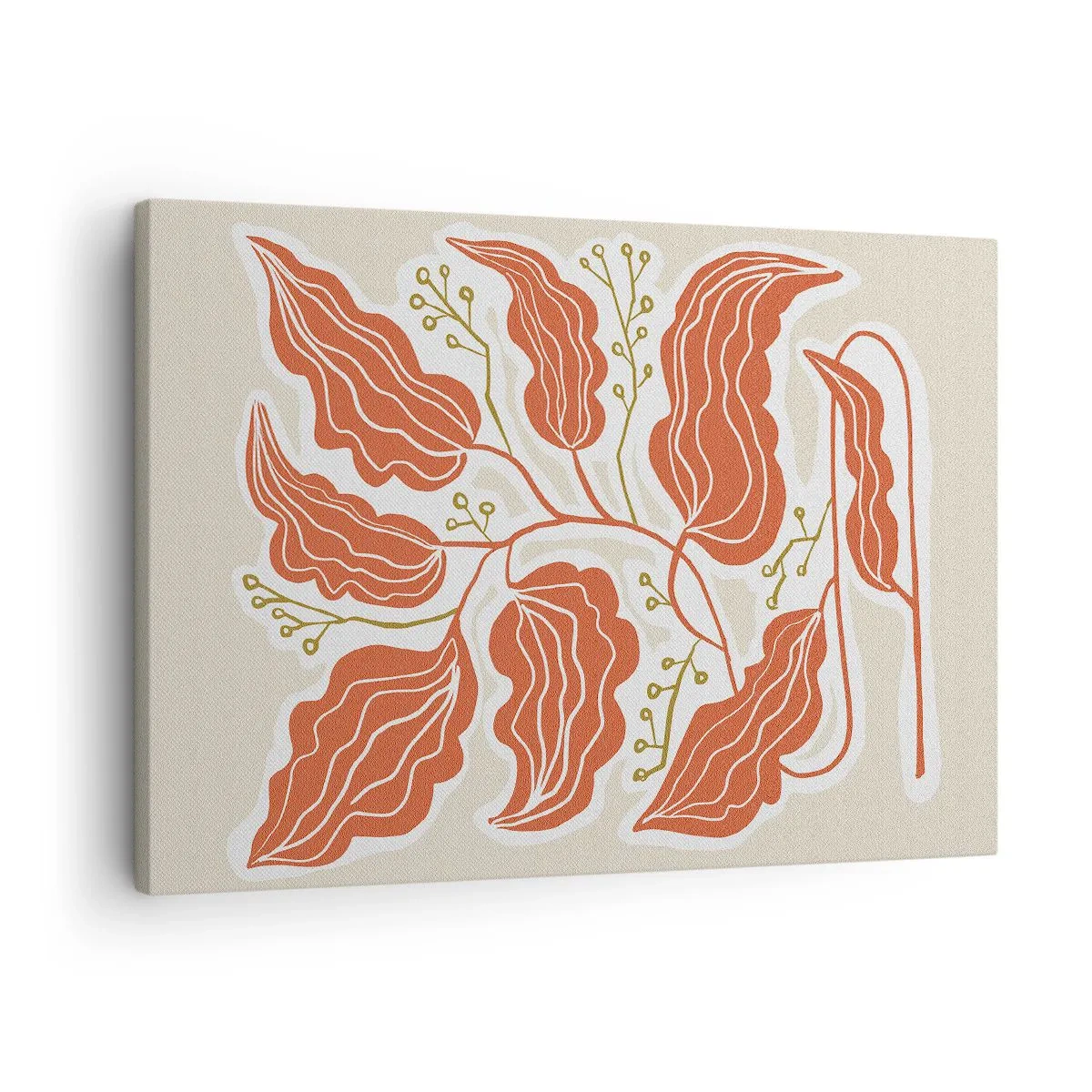 Obraz na plátne - Minimalistický motív listu v odtieňoch oranžovej a zelenej. - 70x50cm - Ľudovo a koralovo - Moderná nástenná dekorácia do obývacej izby a spálne ARTTOR