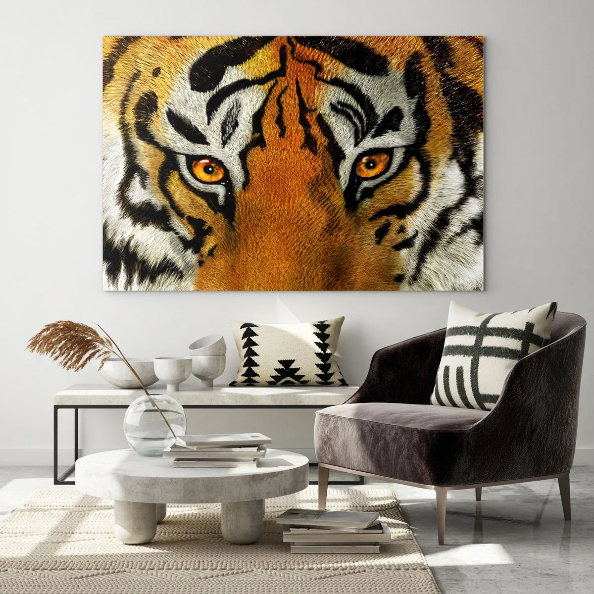 Obraz na skle - Detailný záber na intenzívny pohľad tigra - 70x50cm - Nebezpečný a krásny - Moderná nástenná dekorácia do obývacej izby a spálne ARTTOR