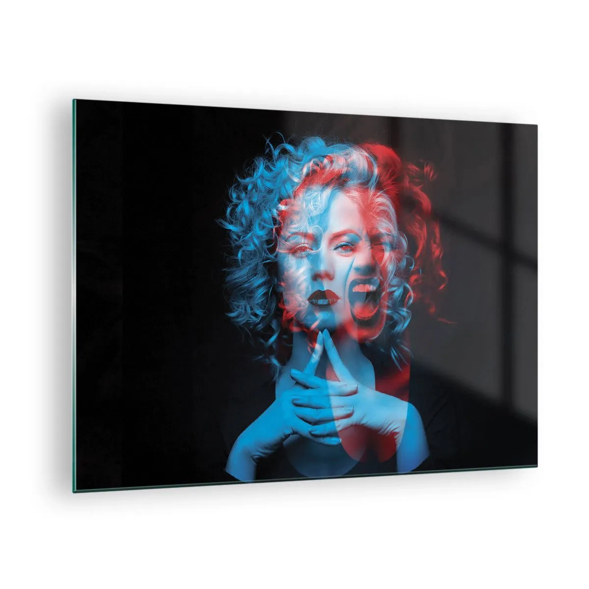 Obraz na skle - Portrét ženy s efektom farebného posunu v modrých a červených tónoch - 70x50cm - Alter ego - Moderná nástenná dekorácia do obývacej izby a spálne ARTTOR