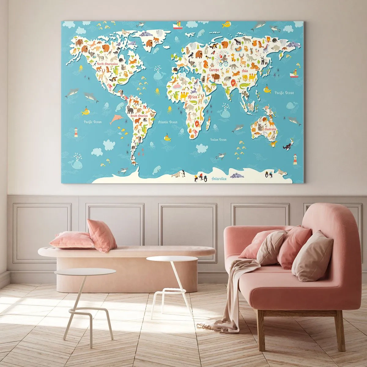 Obraz na skle - Farebná mapa sveta s motívmi zvierat a oceánu - 70x50cm - Milujeme celý svet - Moderná nástenná dekorácia do obývacej izby a spálne ARTTOR