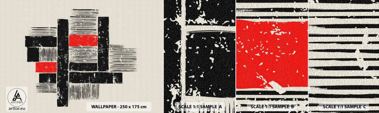 Vzorka samolepiacej fototapety Deluxe Sticker - Červené a čierne - Abstrakcia, Moderné umenie, Priemyselný - 100x30 cm