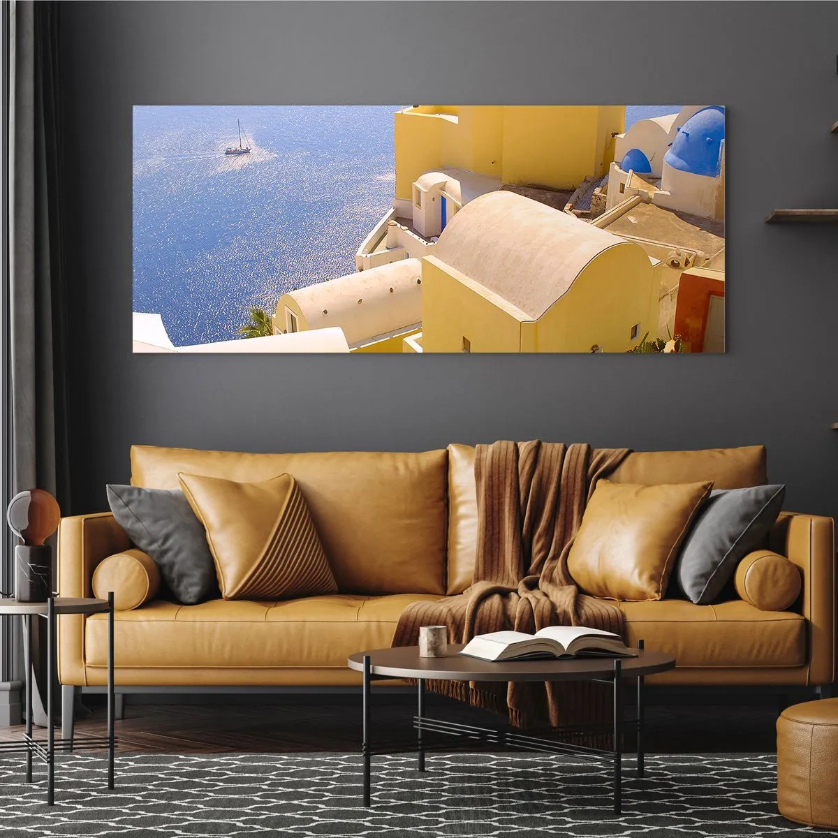 Obraz na skle - Grécka krajina v bielej a blankytnej - 160x50 cm