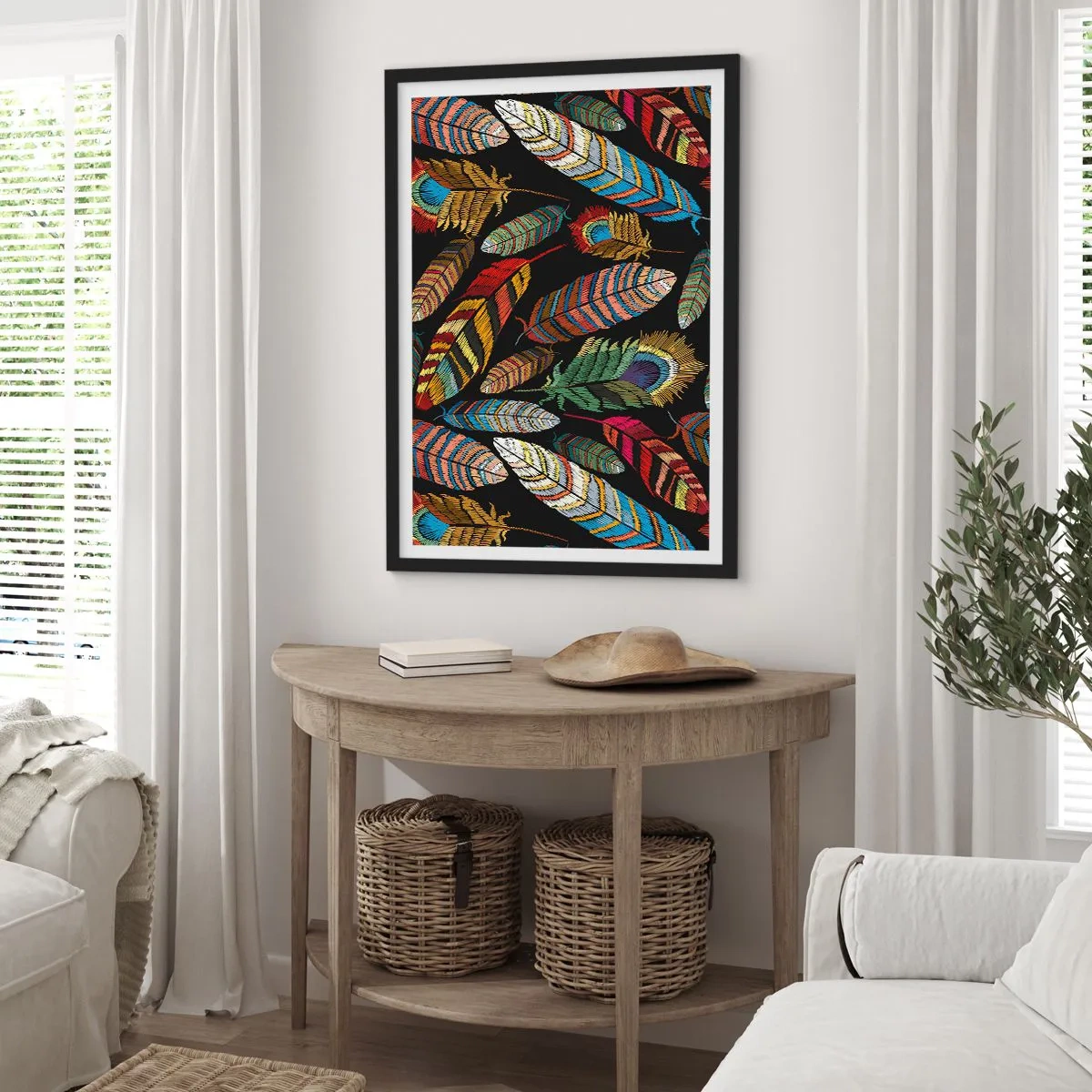 Plagát v čiernom ráme - Farebné perie na čiernom pozadí - 50x70cm - Vtáčí karneval - Moderná nástenná dekorácia do obývacej izby a spálne ARTTOR