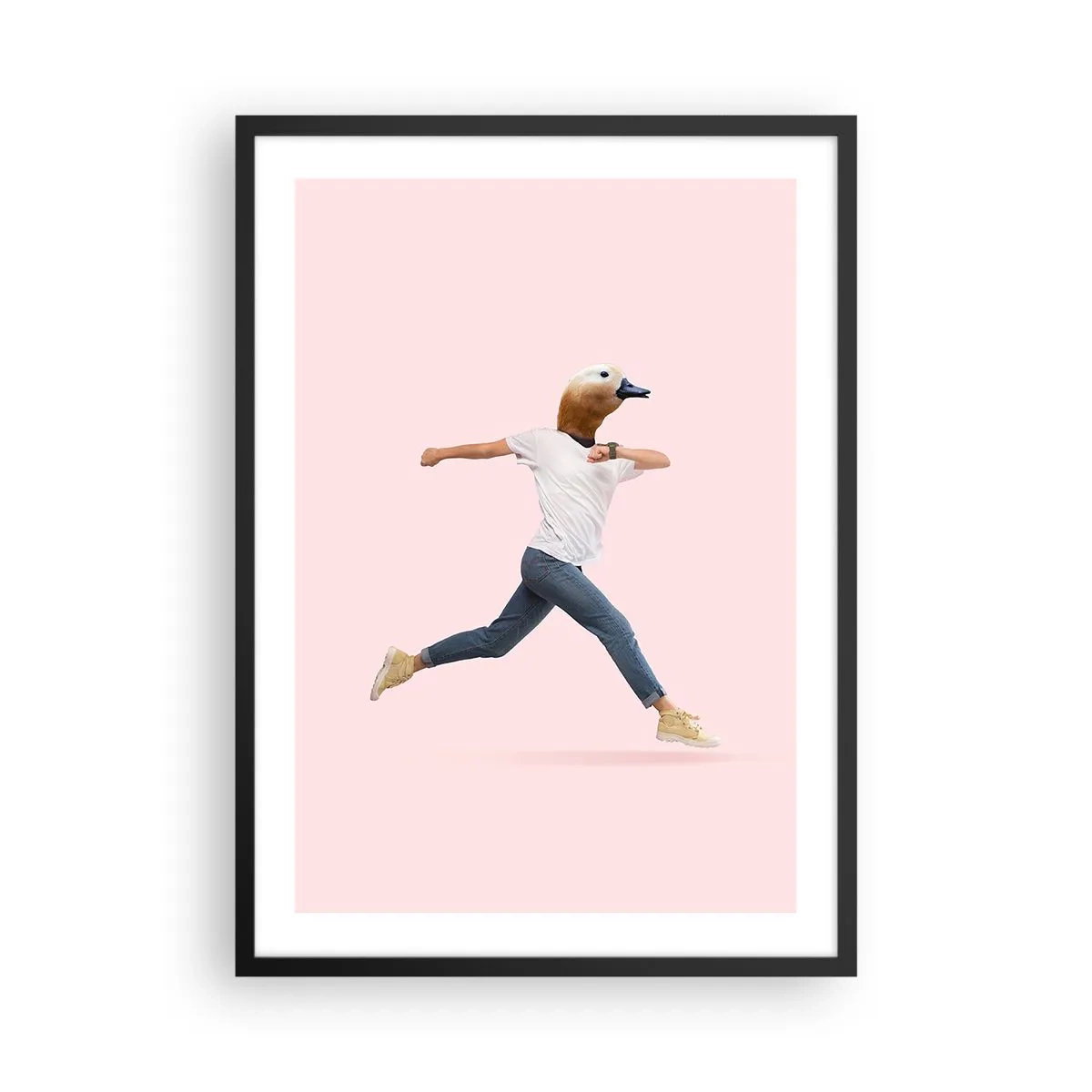 Plagát v čiernom ráme - Bežiaca postava s vtáčou hlavou na ružovom pozadí - 50x70cm - Štipka absurdity - Moderná nástenná dekorácia do obývacej izby a spálne ARTTOR