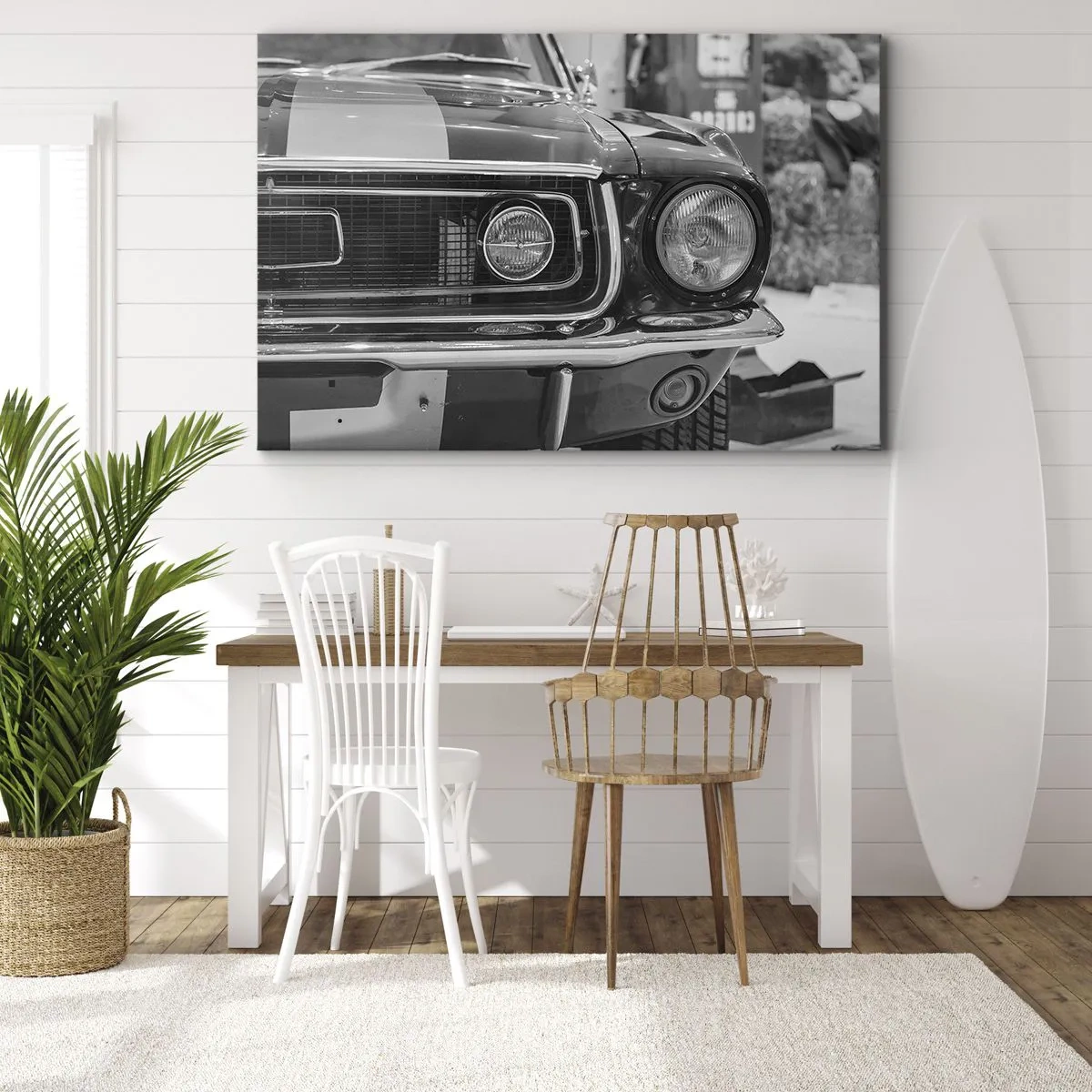 Obraz na plátne - Čierna a biela kapota klasického auta - 70x50cm - Divoká jazda - Moderná nástenná dekorácia do obývacej izby a spálne ARTTOR