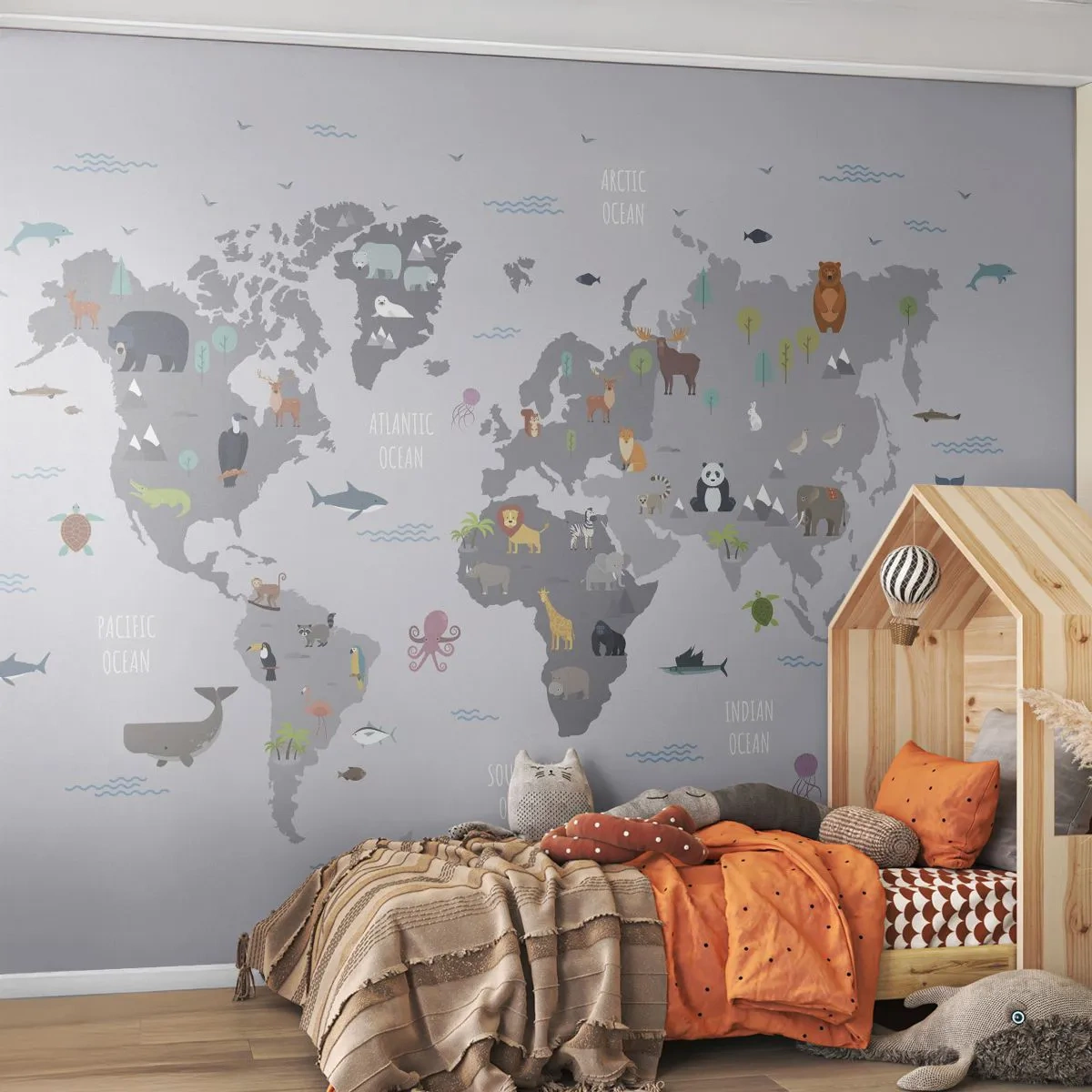 Fototapeta Premium Canvas - Povedz mi, odkiaľ si... - Mapa sveta, Zvieratá, kontinentov - 250x175 cm