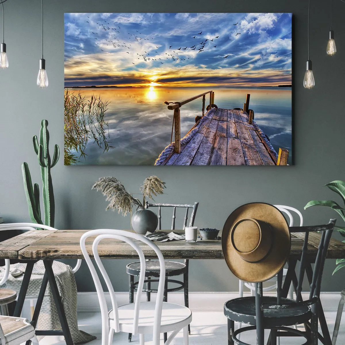 Obraz na plátne - Drevené mólo nad jazerom pri západe slnka - 70x50cm - Vietor ide odpočívať - Moderná nástenná dekorácia do obývacej izby a spálne ARTTOR