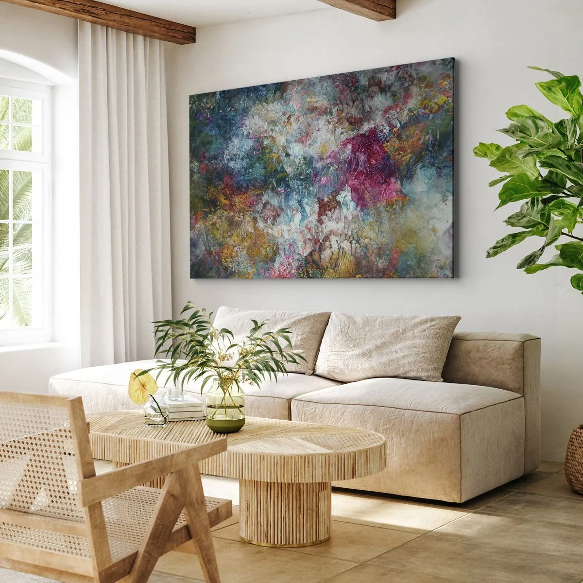 Obraz na plátne - Farebná abstrakcia pripomínajúca rozkvitnuté kvety - 70x50cm - V plnom rozkvete - Moderná nástenná dekorácia do obývacej izby a spálne ARTTOR