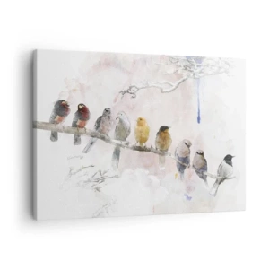 Obraz na plátne - Farebné vtáky na konári v akvarelovom štýle - 70x50cm - Okrídlené stretnutie - Moderná nástenná dekorácia do obývacej izby a spálne ARTTOR