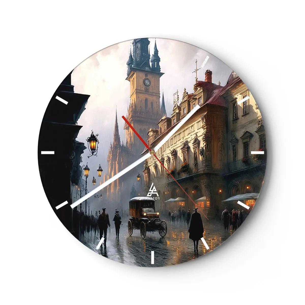 Nástenné hodiny - Večerná prechádzka historickým centrom mesta - 30x30cm - Kúzlo pražského večera - Moderná nástenná dekorácia do obývacej izby, kuchyne a spálne ARTTOR