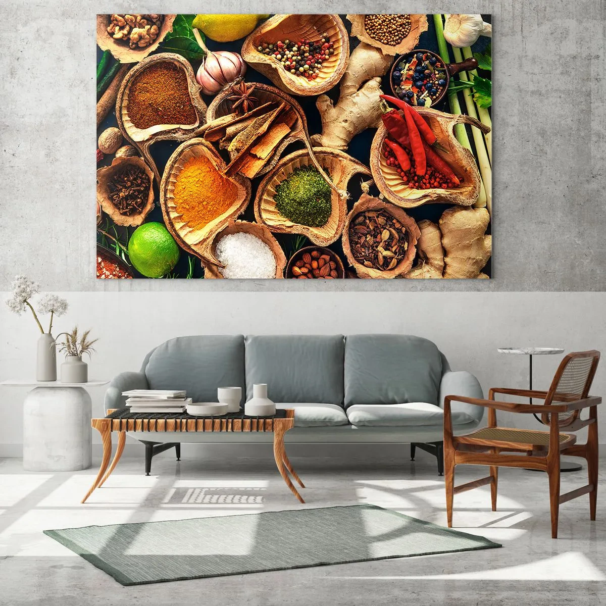 Obraz na skle - Farebné korenie v prírodných nádobách s prísadami - 70x50cm - Vezmi si, čo chceš - Moderná nástenná dekorácia do obývacej izby a spálne ARTTOR