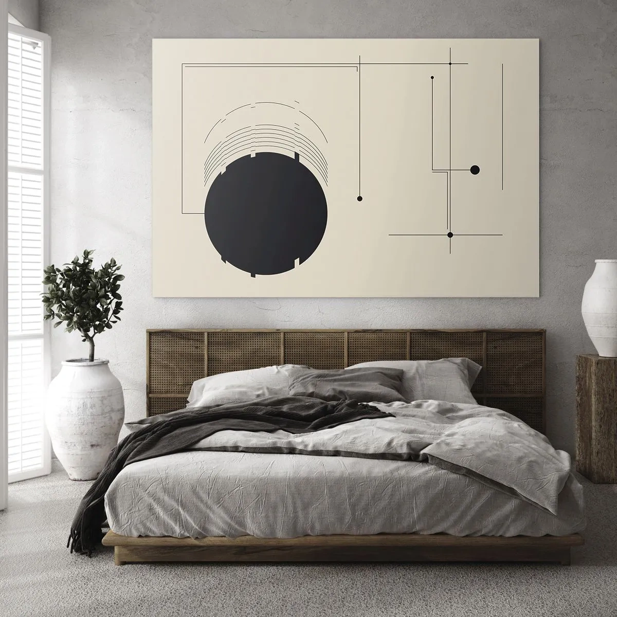 Obraz na skle - Abstraktná kompozícia s čiernym kruhom a geometrickými čiarami - 70x50cm - Pružná a dynamická kompozícia - Moderná nástenná dekorácia do obývacej izby a spálne ARTTOR