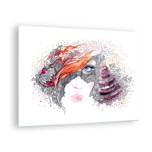 Obraz na skle - Portrét ženy s dynamickými vzormi a červenými akcentmi - 70x50cm - S ňou je každý deň sviatok - Moderná nástenná dekorácia do obývacej izby a spálne ARTTOR