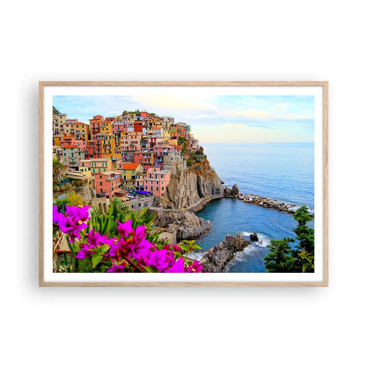 Plagát v ráme zo svetlého duba - Usmievavé mesto - 100x70 cm