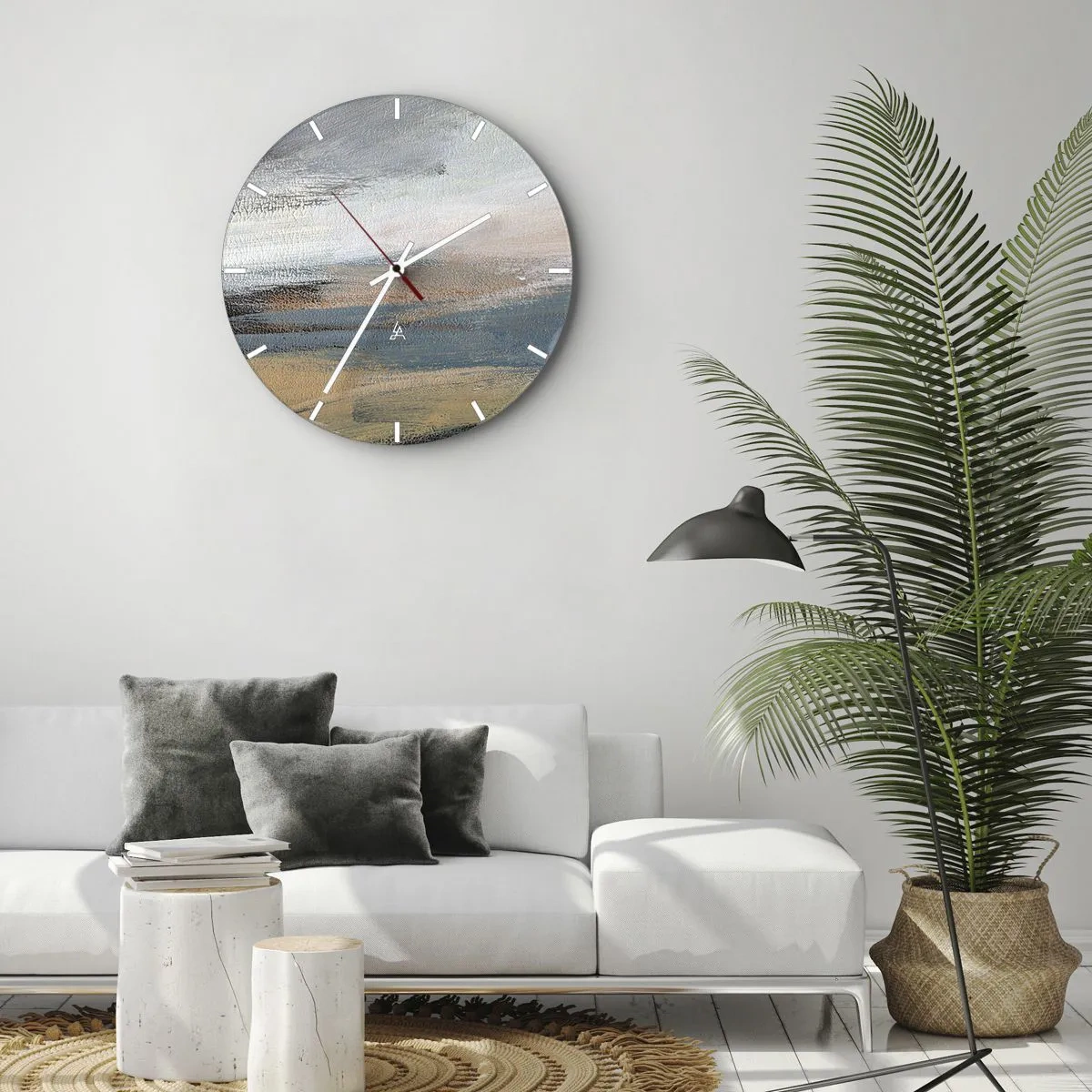 Nástenné hodiny - Maliarska abstrakcia pripomínajúca krajinu v chladných tónoch. - 30x30cm - Abstrakcia: severná krajina - Moderná nástenná dekorácia do obývacej izby, kuchyne a spálne ARTTOR