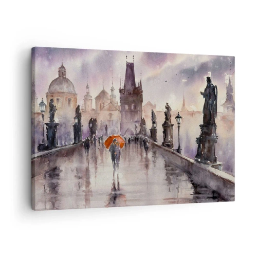 Obraz na plátne - Romantický výhľad na most s dáždnikom na pozadí večerného mesta - 70x50cm - Ľudia sa nemenia - Moderná nástenná dekorácia do obývacej izby a spálne ARTTOR