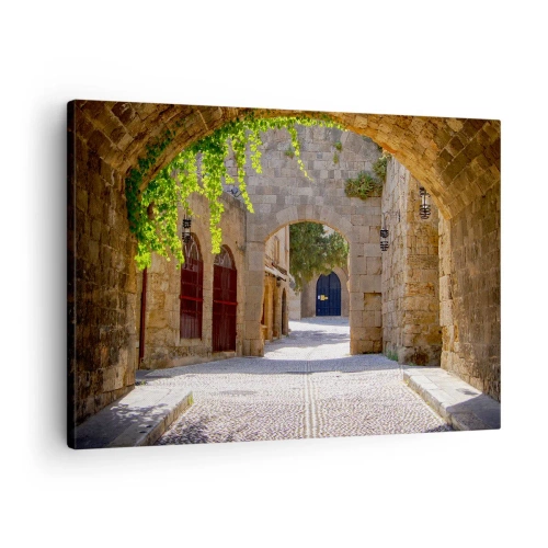Obraz na plátne - Kamenné oblúky a dláždené ulice v stredovekom štýle - 70x50cm - Čoskoro sa objaví družina - Moderná nástenná dekorácia do obývacej izby a spálne ARTTOR