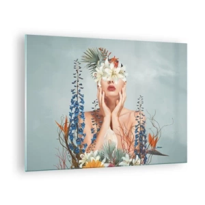 Obraz na skle - Postava ženy s kvetinovou korunou a kvetinovým aranžmánom - 70x50cm - Žena – kvetina - Moderná nástenná dekorácia do obývacej izby a spálne ARTTOR