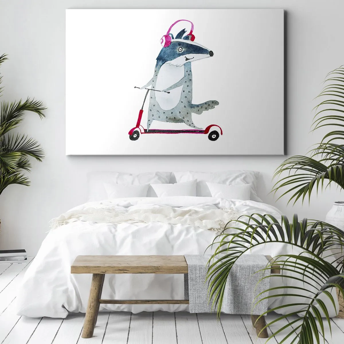 Obraz na plátne - Jazvec na kolobežke s ružovými slúchadlami - 70x50cm - Jazvečie radosti - Moderná nástenná dekorácia do obývacej izby a spálne ARTTOR