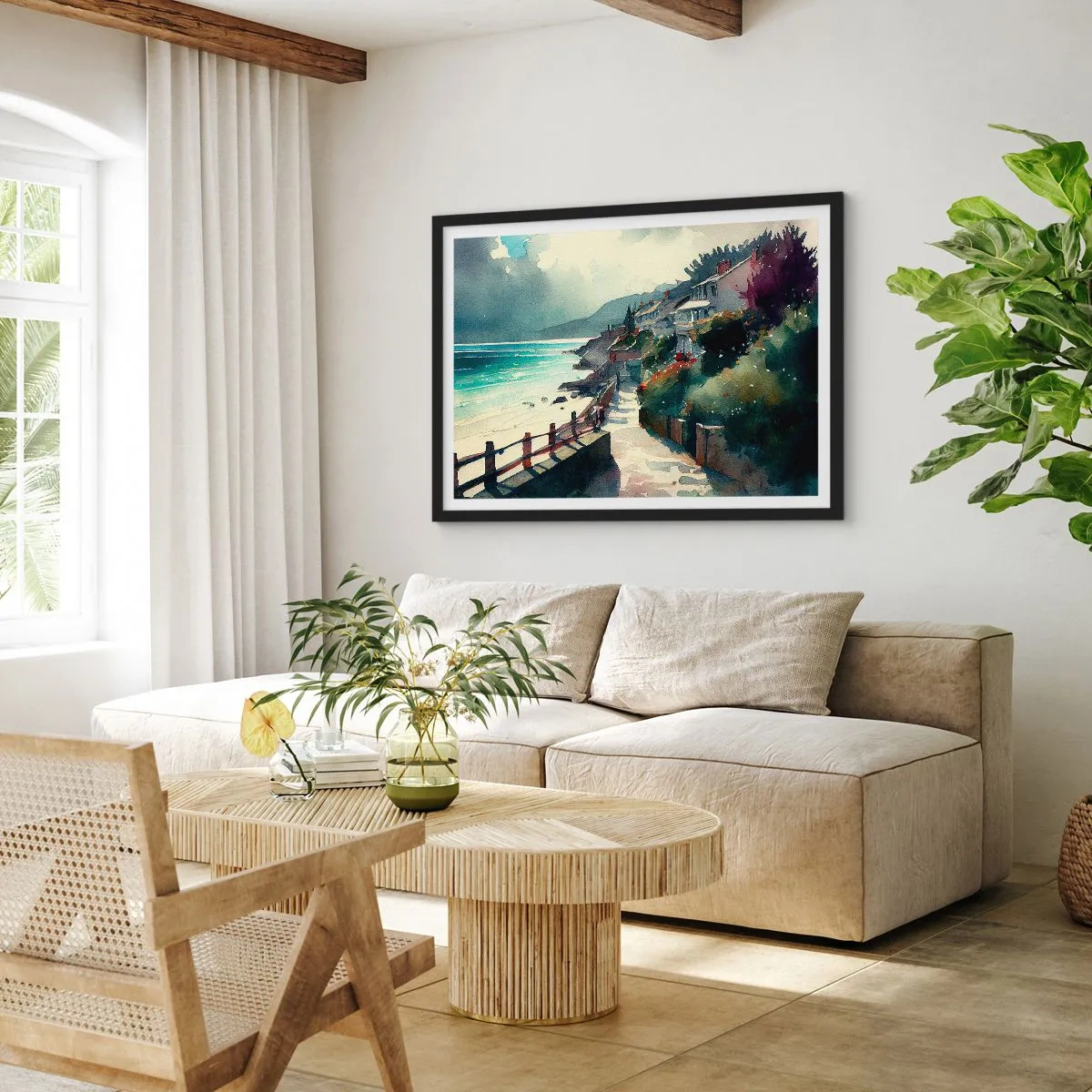 Plagát v čiernom ráme - Stredomorské mestečko - 70x50 cm