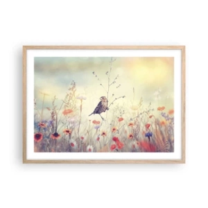 Plagát v ráme zo svetlého duba - Portrét vtáka s lúkou v pozadí - 70x50 cm