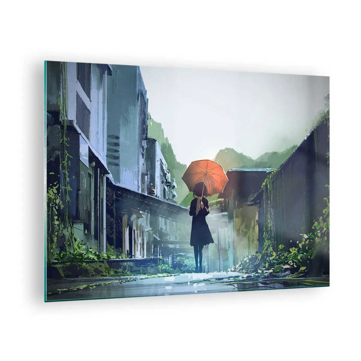 Obraz na skle - Postava s oranžovým dáždnikom na daždivej ulici - 70x50cm - Oživujúci dážď - Moderná nástenná dekorácia do obývacej izby a spálne ARTTOR