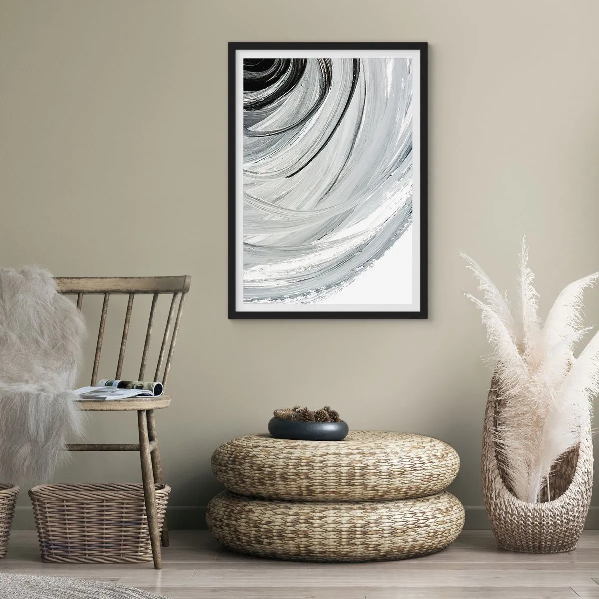 Plagát v čiernom ráme - Dynamická abstrakcia v odtieňoch čiernej, bielej a sivej - 50x70cm - Orbitálna kompozícia - Moderná nástenná dekorácia do obývacej izby a spálne ARTTOR