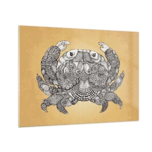 Obraz na skle - Štylizovaná kresba kraba s ornamentami na žltom pozadí - 70x50cm - Príbehy pána Kraba - Moderná nástenná dekorácia do obývacej izby a spálne ARTTOR