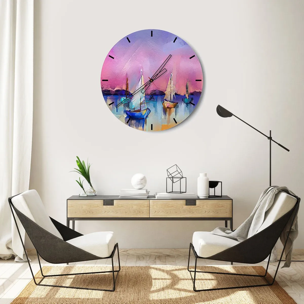 Nástenné hodiny - Abstraktný prístav s plachetnicami v pastelových farbách - 30x30cm - Smer: široká voda - Moderná nástenná dekorácia do obývacej izby, kuchyne a spálne ARTTOR